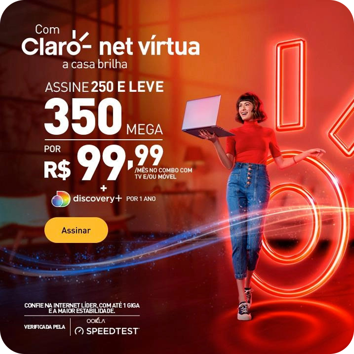 Internet de Alta Velocidade: Assine 250 e leve 350 MEGA + Discovery Plus/1 Ano por apenas R$99,90/ms